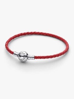 Pandora Red Braided Leather with Silver Ball Clasp and “D” Charm bracelet